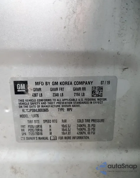 2020 Chevrolet Trax 1Lt z USA, uszkodzony, nr VIN KL7CJPSB4LB003605